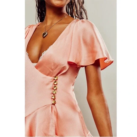 Free People Dress Scarlett Satin Ruffle Wrap Mini Peach Size XL NWT - Picture 5 of 11